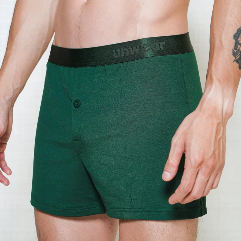 Catalog Boxer Shorts Noble Green 6 model wearing unwear noble green boxer shorts close up side